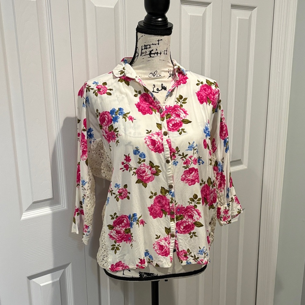 Floral Button-Up Blouse with Lace Inserts
